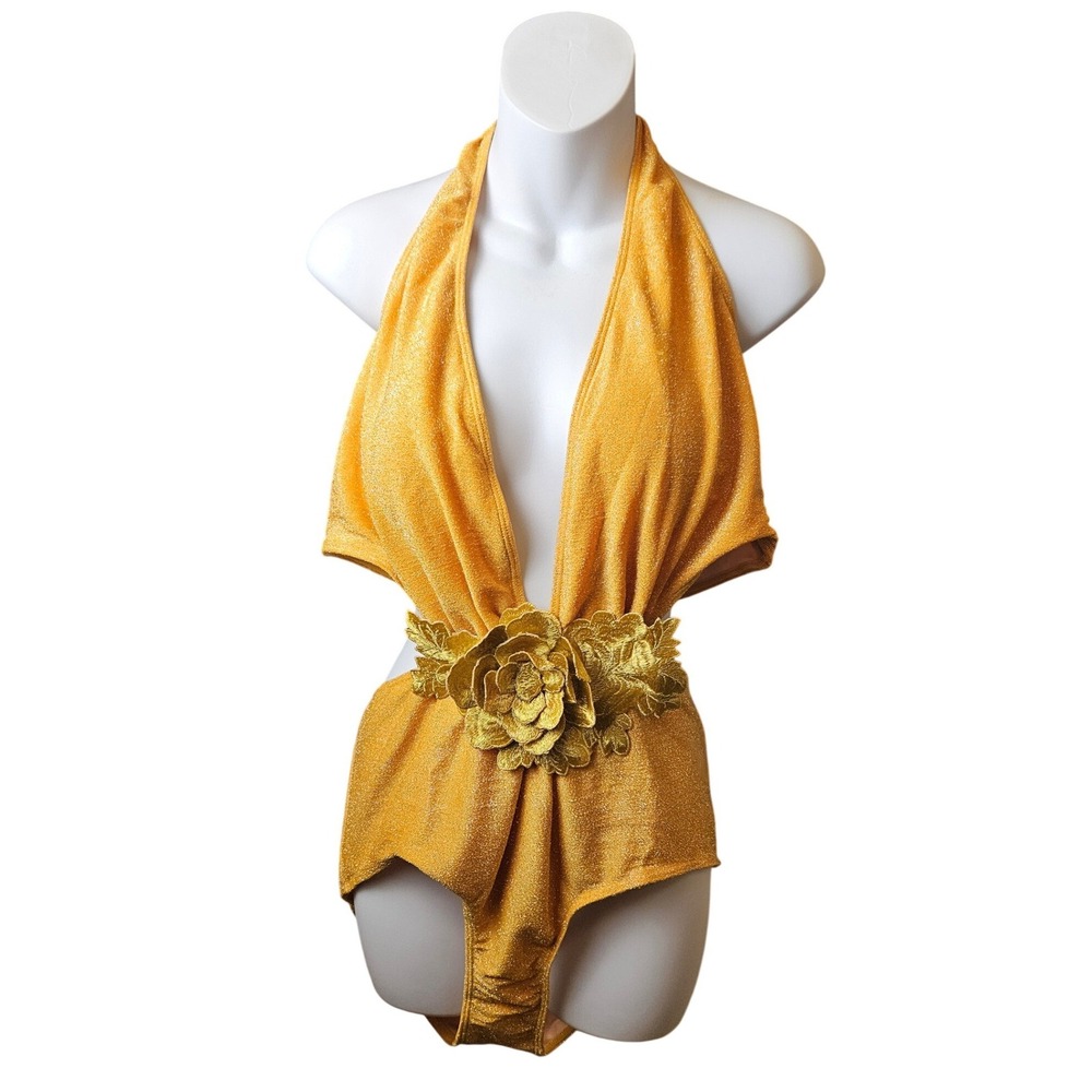 Unbranded 3pc Bodysuit Skirt Set Womens One Size Gold Excellent Metallic Floral